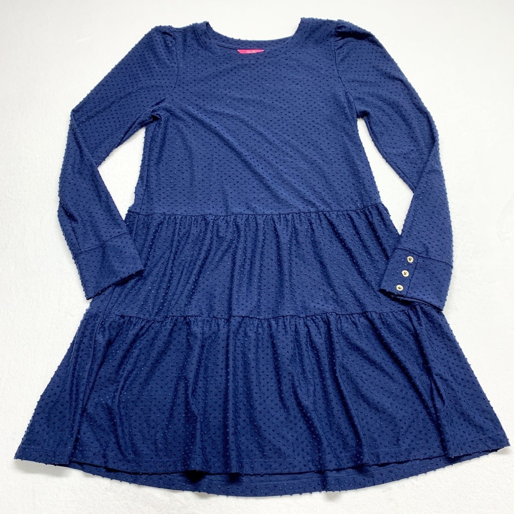 Lilly Pulitzer Swiss Dot Tiered Dress Womens Size M Navy Blue Long Sleeve Rayon
